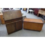 TEAK LINEN BOX WITH LIFT LID AND MAHOGANY BUREAU WITH FALL FRONT OVER DRAWER AND 2 PANEL DOORS.