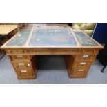 19TH CENTURY OAK TWIN PEDESTAL DESK WITH LIFT-UP TOP OVER 9 DRAWERS & LEATHER INSERT IN TOP,