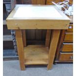 PINE BUTCHERS BLOCK STYLE TABLE WITH MARBLE INSET TOP ON SQUARE SUPPORTS,