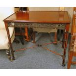 LATE 19TH CENTURY MAHOGANY TRAY TABLE WITH DECORATIVE FRETWORK & X UNDER STRETCHER ON TURNED