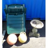 PAIR OF PLASTIC FOLDING GARDEN CHAIRS, CONCRETE BIRD BATH,