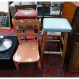 MAHOGANY HAND CHAIR ON SQUARE SUPPORTS, LEATHERETTE TOPPED STOOL, PAINTED CHILDS CHAIR,