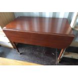 19TH CENTURY MAHOGANY DROP LEAF TABLE ON TURNED SUPPORTS,