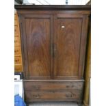 19TH CENTURY MAHOGANY WARDROBE WITH 2 PANEL DOORS OVER BASE OF 2 DRAWERS ON BRACKET SUPPORTS,