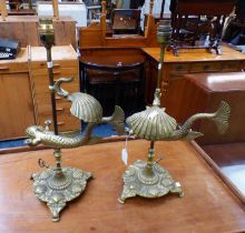 PAIR OF BRASS TABLE LAMPS WITH SEASHELL DECORATION Condition Report: The height for