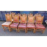SET OF 10 19TH CENTURY OAK DINING CHAIRS WITH CARVED DECORATION ON TURNED SUPPORTS INCLUDING 2
