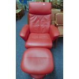 RED LEATHERETTE SWIVEL ARMCHAIR & MATCHING STOOL