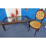 MAHOGANY COFFEE TABLE WITH 2 GLASS INSETS ON SQUARE SUPPORTS,