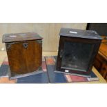 EARLY 20TH CENTURY OAK STATIONARY BOX WITH SILVER PLATED MOUNTS & OAK CABINET WITH GLAZED DOOR