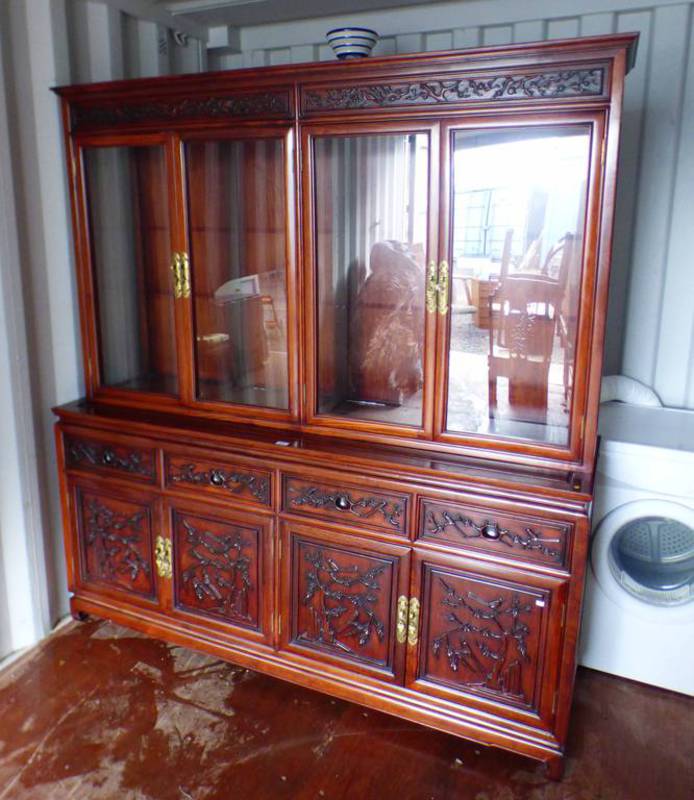 EASTERN HARDWOOD DRESSER WITH 4 GLASS PANEL DOORS OVER BASE OF 4 DRAWERS OVER 4 PANEL DOORS WITH