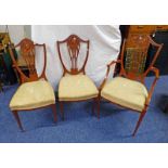 SET OF 3 LATE 19TH CENTURY INLAID MAHOGANY DINING CHAIRS ON SQUARE TAPERED SUPPORTS INCLUDING 1