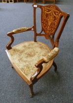 LATE 19TH CENTURY MAHOGANY OPEN ARMCHAIR WITH DECORATIVE BOXWOOD INLAY ON SQUARE TAPERED SUPPORTS