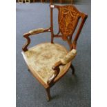 LATE 19TH CENTURY MAHOGANY OPEN ARMCHAIR WITH DECORATIVE BOXWOOD INLAY ON SQUARE TAPERED SUPPORTS