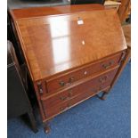 WALNUT BUREAU WITH FALL FRONT OVER 3 DRAWERS ON CARVED QUEEN ANNE SUPPORTS,