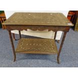 EBONISED EASTERN LAMP TABLE WITH CARVED DEOCRATION AND UNDERSHELF
