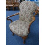 19TH CENTURY WALNUT FRAMED OPEN ARMCHAIR ON CABRIOLE SUPPORTS