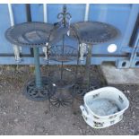 PAIR OF PLASTIC BIRDBATHS, PAINTED 3-TIER PLANT STAND,