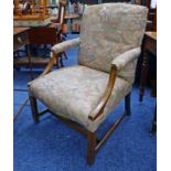 OAK FRAMED OPEN ARMCHAIR ON SQUARE SUPPORTS Condition Report: The frame feels loose