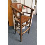 OAK HIGH CHAIR WITH LEATHER BACK & SEAT ON SQUARE SUPPORTS IN THE ARTS & CRAFTS STYLE