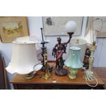 GOOD SELECTION OF TABLE LAMPS TO INCLUDE 2 FLORAL PORCELAIN LAMPS, BRASS LAMP, FIGURAL LAMP,