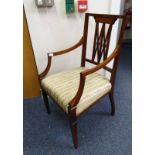 MAHOGANY FRAMED OPEN ARMCHAIR WITH DECORATIVE BOXWOOD INLAY ON SQUARE SUPPORTS