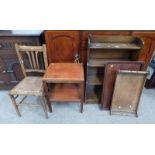 BEECH FRAMED CHAIR WITH BERGERE SEAT, OPEN BOOKCASE, MAHOGANY LAMP TABLE,