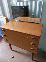 TEAK DRESSING CHEST WITH MIRROR OVER 3 DRAWERS.