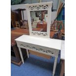 PAINTED SIDE TABLE WITH DECORATIVE FRET WORK & SINGLE DRAWER ON TURNED SUPPORTS LENGTH 94CM,