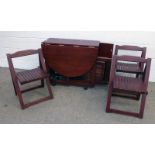 MAHOGANY DROP LEAF TABLE WITH PANEL DOOR & SET OF 4 FOLDING CHAIRS,