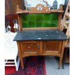 EARLY 20TH CENTURY OAK MARBLE TOPPED WASH STAND WITH TILE INSET GALLERY TOP OVER BASE OF 2 PANEL