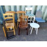 PAIR OF OAK KITCHEN CHAIRS AND 3 OTHER CHAIRS,