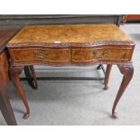 BURR WALNUT SIDE TABLE WITH 2 DRAWERS & SERPENTINE TOP ON QUEEN ANNE SUPPORTS,