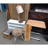ROPEWORK TOPPED STOOL, BED TABLE, OAK TABLE LAMP,