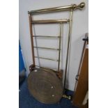 BRASS BED END AND CIRCULAR BRASS TOPPED TABLE WITH ORIENTAL DECORATION ON OAK STAND