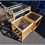 BAMBOO 2 TIER TROLLEY WITH GLASS SHELVES AND PAIR OF BAMBOO TABLES WITH GLASS INSETS