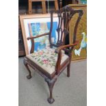 MAHOGANY OPEN ARMCHAIR WITH CARVED DECORATION ON BALL & CLAW SUPPORTS