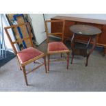 OAK CIRCULAR TABLE ON SHAPED SUPPORTS AND PAIR OF MAHOGANY HAND CHAIRS ON TURNED SUPPORTS