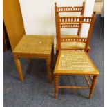 PAIR OF BEECH FRAMED HAND CHAIRS WITH BERGERE SEATS ON TURNED SUPPORTS & STOOL,