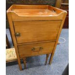 19TH CENTURY MAHOGANY COMMODE WITH GALLERY TOP & PANEL DOOR ON SQUARE SUPPORTS,