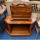 YEW WOOD MEDIA CABINET WITH HEXAGONAL TOP AND 2 PANEL DOORS AND YEW WOOD MAGAZINE RACK