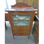 LATE 19TH CENTURY INLAID MAHOGANY CABINET WITH ASTRAGAL GLASS PANEL DOOR OVER 3 DRAWERS ON SQUARE