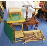 NEST OF 3 MAHOGANY TABLES, MAHOGANY FRAMED STOOL,