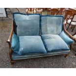 19TH CENTURY MAHOGANY FRAMED PARLOUR SETTEE WITH BERGERE BACK ON SMALL QUEEN ANNE SUPPORTS.