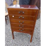 MAHOGANY 5 DRAWER MUSIC CHEST ON SQUARE SUPPORTS.