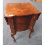 20TH CENTURY MAHOGANY BEDSIDE CHEST WITH SHAPED FRONT, 3 DRAWERS & 2 LEAVES ON QUEEN ANNE SUPPORTS,