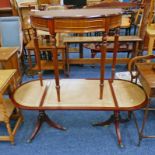 MAHOGANY HALFMOON TABLE WITH SINGLE DRAWER ON REEDED SUPPORTS & MAHOGANY COFFEE TABLE WITH LEATHER