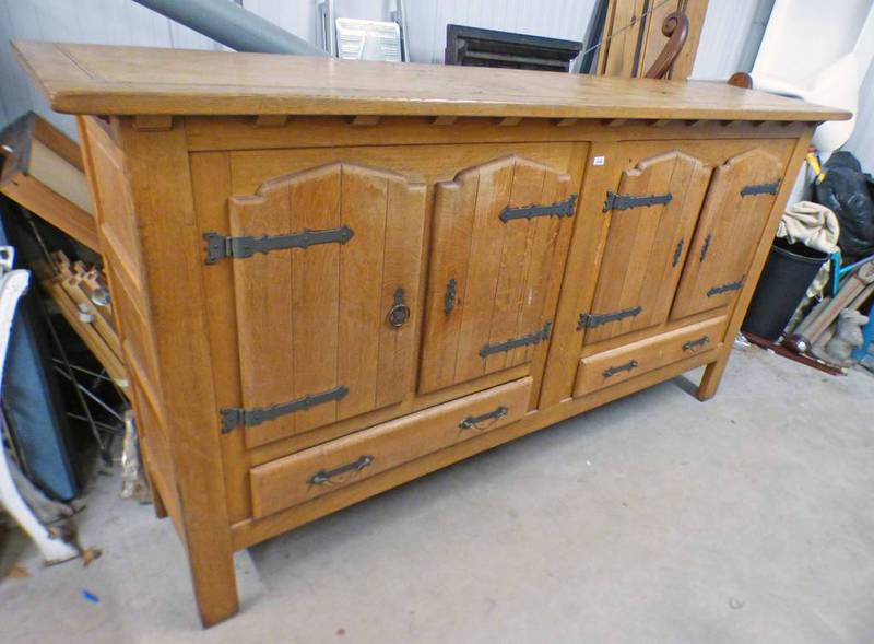 OAK CABINET WITH 4 PANEL DOORS OVER 2 DRAWERS, LENGTH 241CM (AS FOUND,