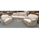 SUITE OF 3 CREAM OVERSTUFFED CHAIRS TO INCLUDE 2 ARMCHAIRS & 2 SEATER SETTEE