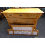 LATE 19TH CENTURY WALNUT CHEST WITH TILE INSET GALLERY TOP OVER 1 SHORT OVER 2 LONG DRAWERS ON