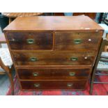 EARLY 20TH CENTURY TEAK CAMPAIGN STYLE CHEST 2 SHORT OVER 3 LONG DRAWERS,